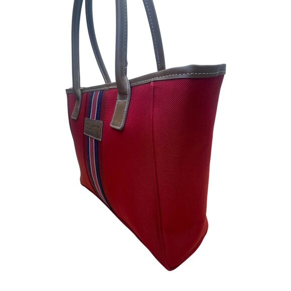 Tommy Hilfiger Women’s Red & Blue Canvas & Faux Leather Striped Accent Tote Bag - Picture 2 of 14